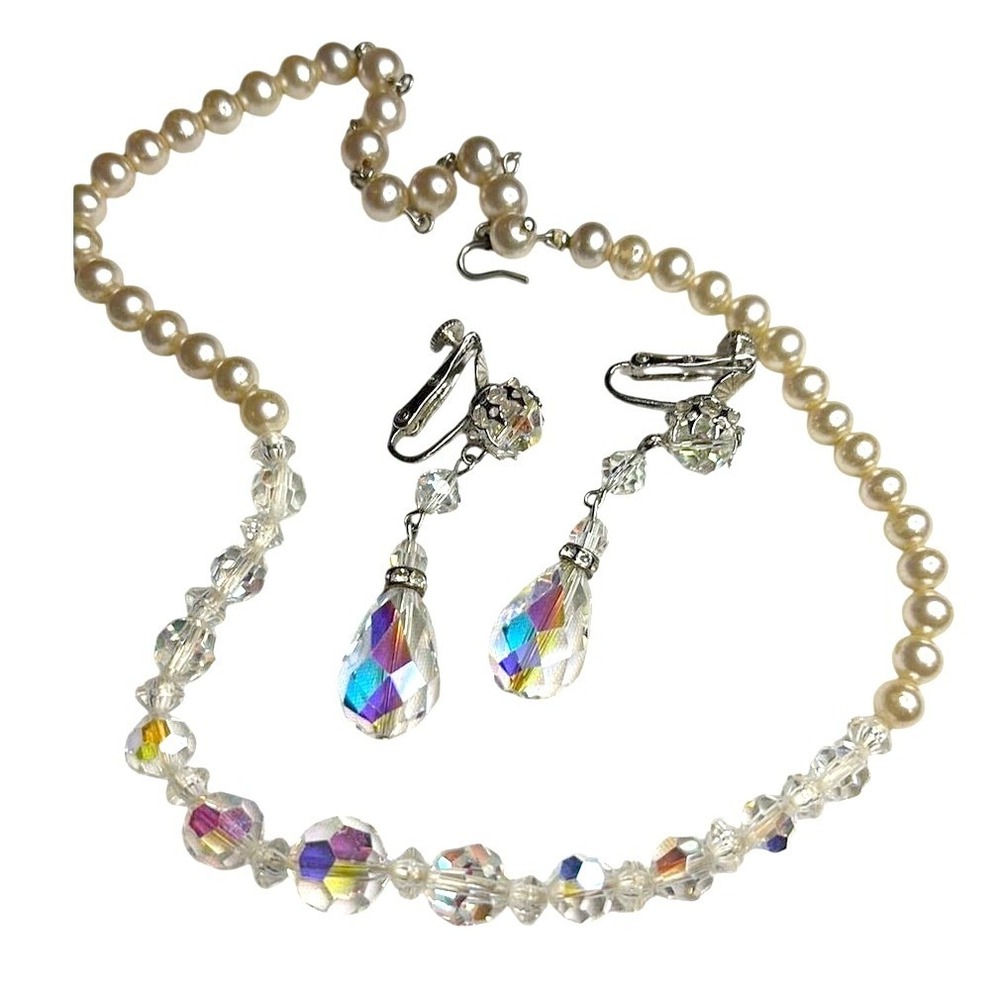 Vintage Aurora Borealis Crystal Faux Pearl Necklace and Screw Back Earrings Set